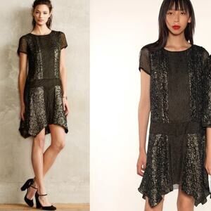 Anna Sui Nevan Dress Black & Yellow Floral Brocade Asymmetrical Mini Size 2